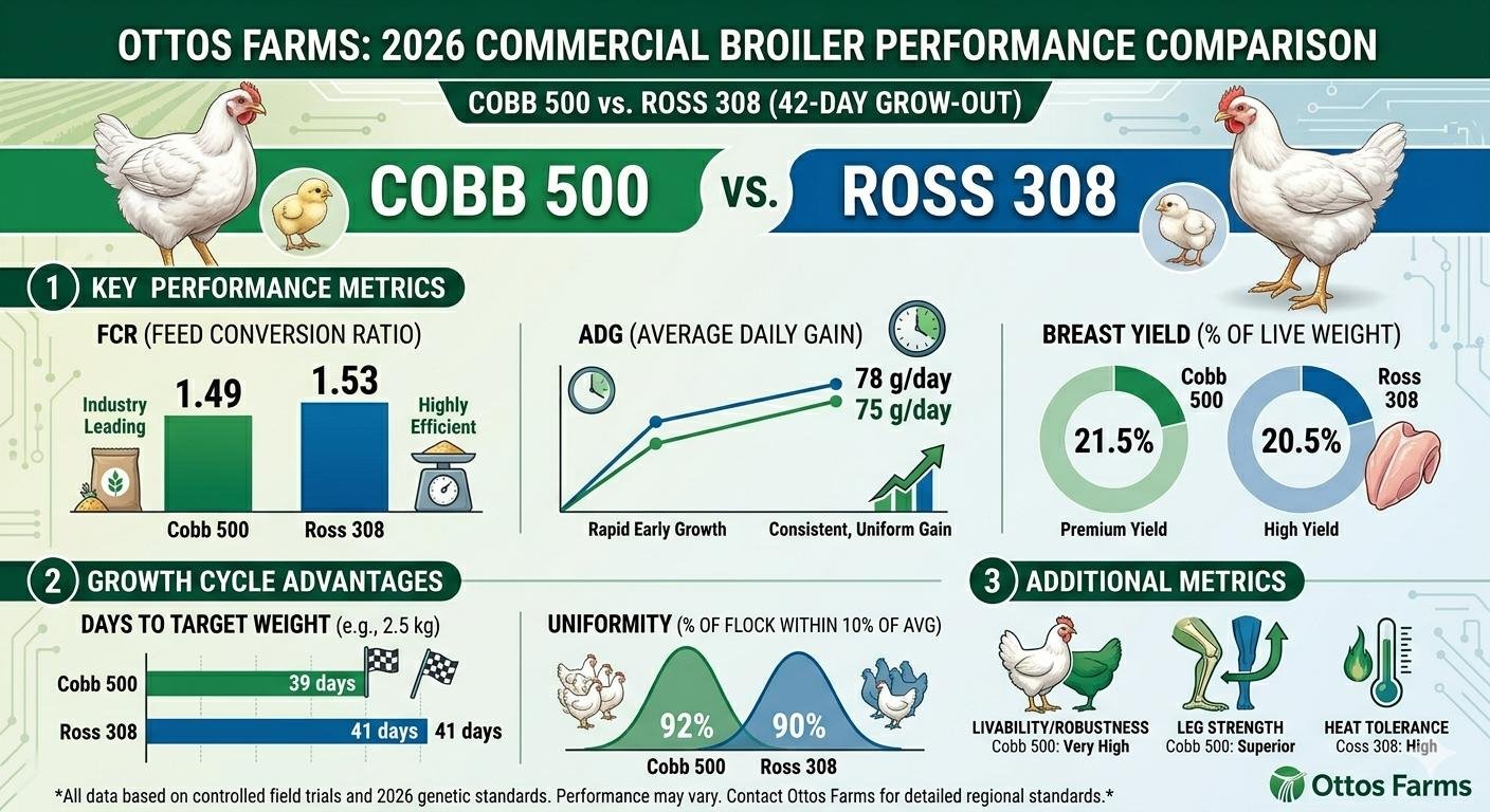 A detailed chart from Ottos Farms comparing the 2026 performance metrics (FCR, ADG, Breast Yield) of Cobb 500 vs. Ross 308 commercial broiler breeds.