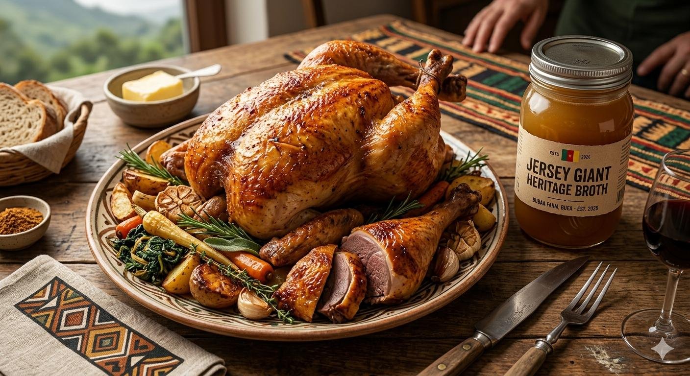 A gourmet plated presentation of a Jersey Giant heritage roaster, highlighting the deep dark meat and rich golden skin that commands premium farm-to-table prices.