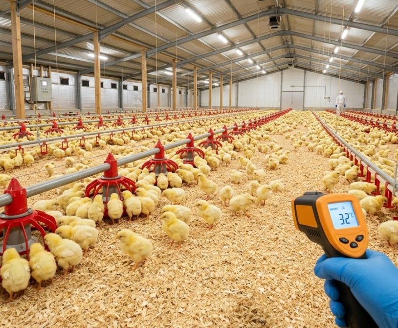 A high-intensity 100-lux illuminated poultry brooding house showing Cobb 500 chicks on warm, dry litter with accessible micro-pellet feeders and perfectly adjusted nipple drinkers.