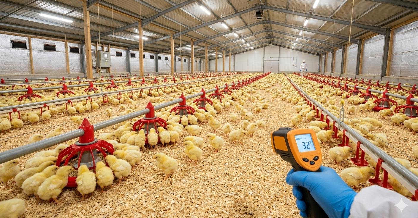 A high-intensity 100-lux illuminated poultry brooding house showing Cobb 500 chicks on warm, dry litter with accessible micro-pellet feeders and perfectly adjusted nipple drinkers.