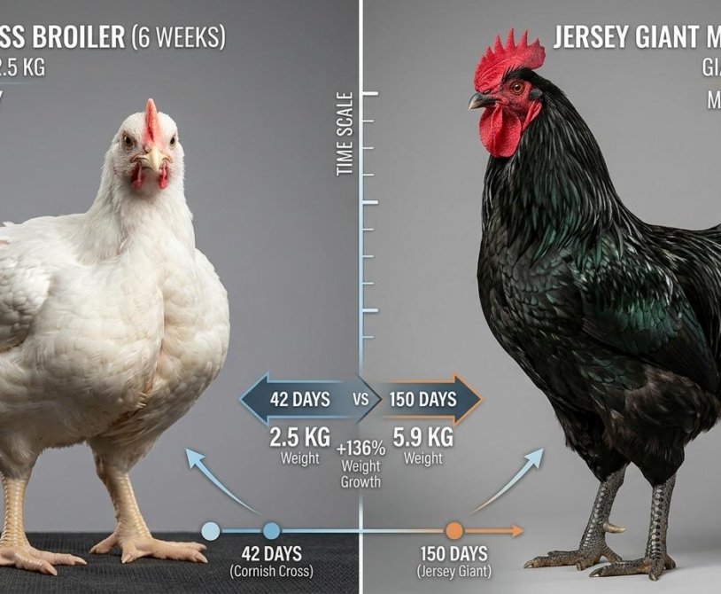 A side-by-side visual comparison showing a massive black Jersey Giant at 20 weeks next to a white Cornish Cross at 6 weeks, illustrating the massive difference in production time and feed intake.
