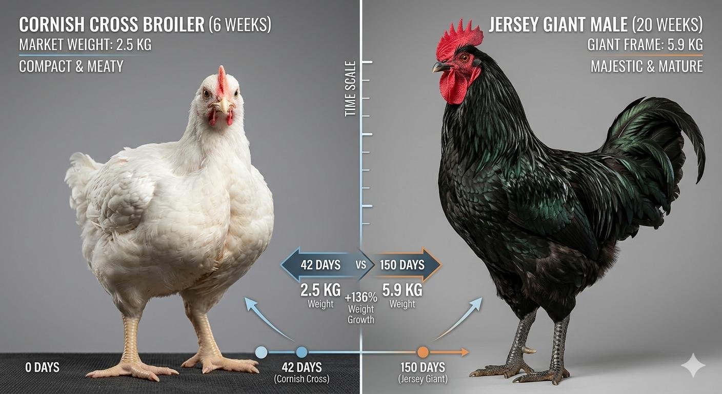 A side-by-side visual comparison showing a massive black Jersey Giant at 20 weeks next to a white Cornish Cross at 6 weeks, illustrating the massive difference in production time and feed intake.