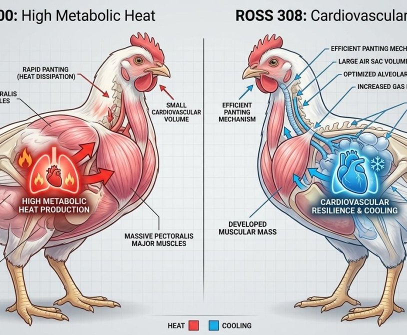 Understanding why high-growth genetics struggle with heat. The Cobb 500 is a "high-output engine" that generates immense internal heat, while the Ross 308 has a larger "radiator" (heart and lungs).