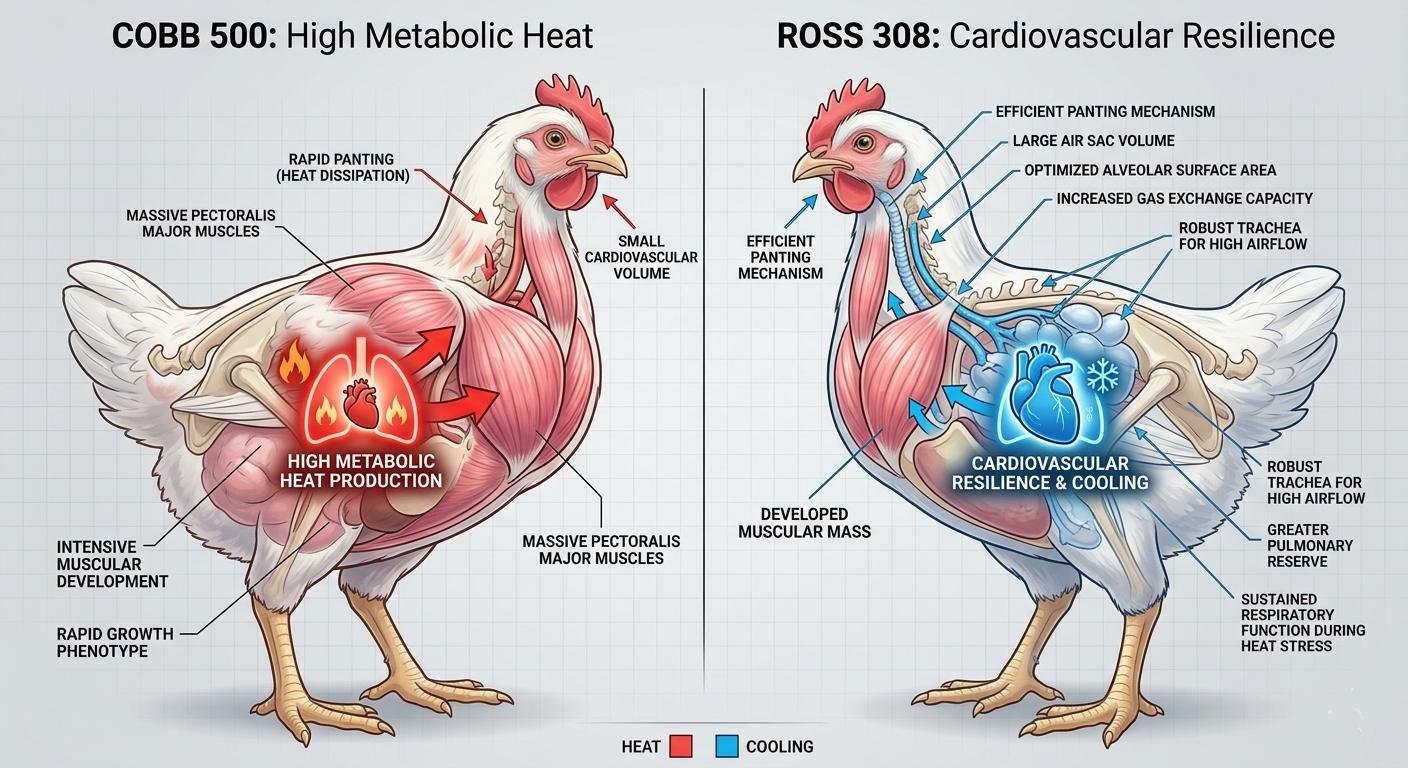 Understanding why high-growth genetics struggle with heat. The Cobb 500 is a "high-output engine" that generates immense internal heat, while the Ross 308 has a larger "radiator" (heart and lungs).