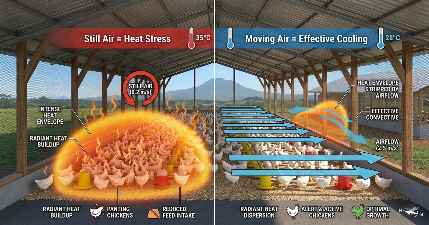 Moving air doesn't just lower temperature; it removes the "heat envelope" around the bird. This is the effective temperature.