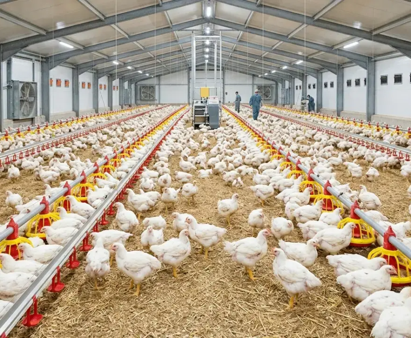 A uniform flock of Cobb 500 broiler chickens in a well-managed commercial poultry house with clean litter and modern feeding systems.