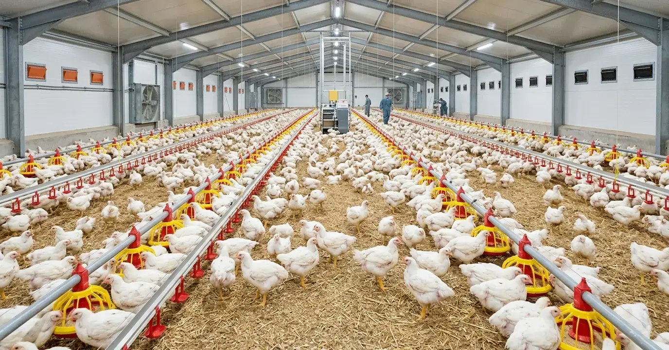 A uniform flock of Cobb 500 broiler chickens in a well-managed commercial poultry house with clean litter and modern feeding systems.