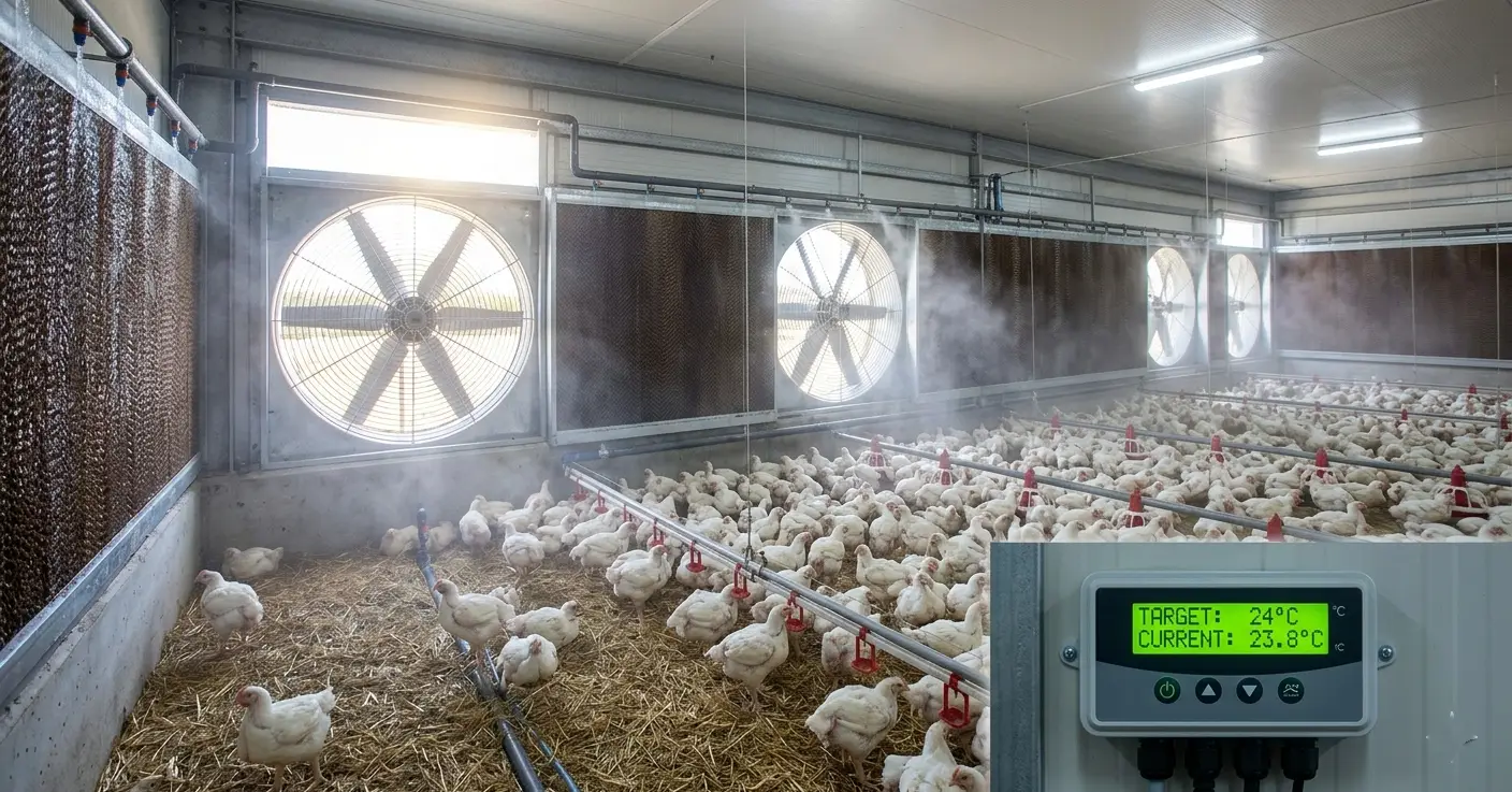 Industrial tunnel ventilation and evaporative cooling system in a tropical poultry house for heat stress management.