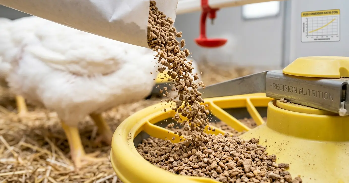 High-protein starter feed in a circular pan feeder for Cobb 500 broiler chicks to optimize Feed Conversion Ratio.