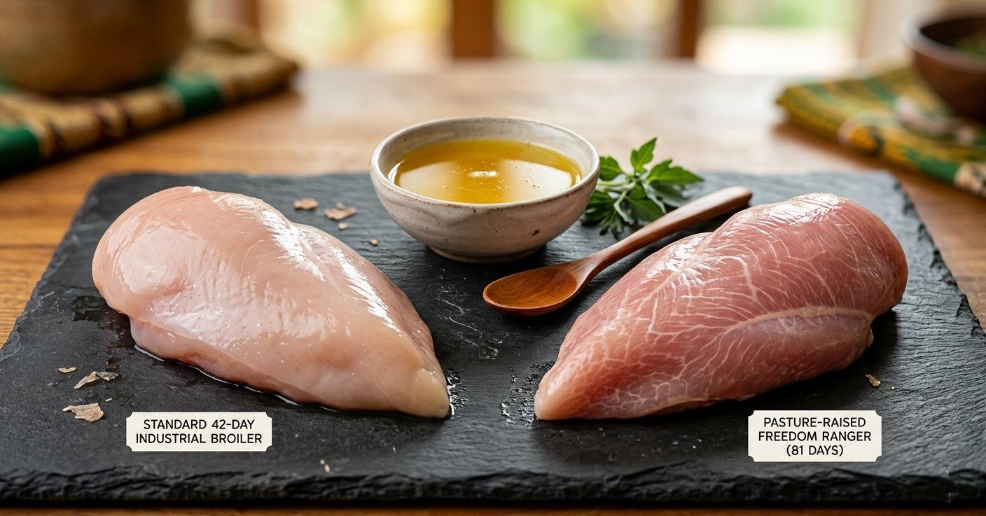 The "Slow-Growth" period (56–81 days) allows for biological developments that industrial birds (35–42 days) cannot achieve, specifically regarding meat quality.